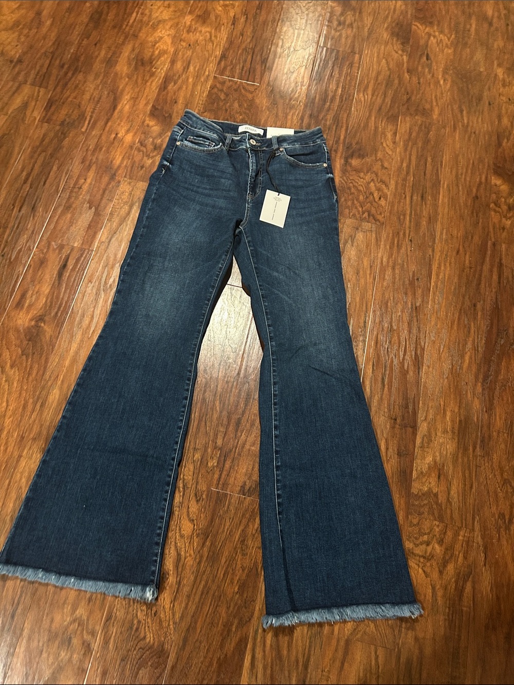 Zenana Outfitters Dark Blue Frayed Hem Flare Jeans
